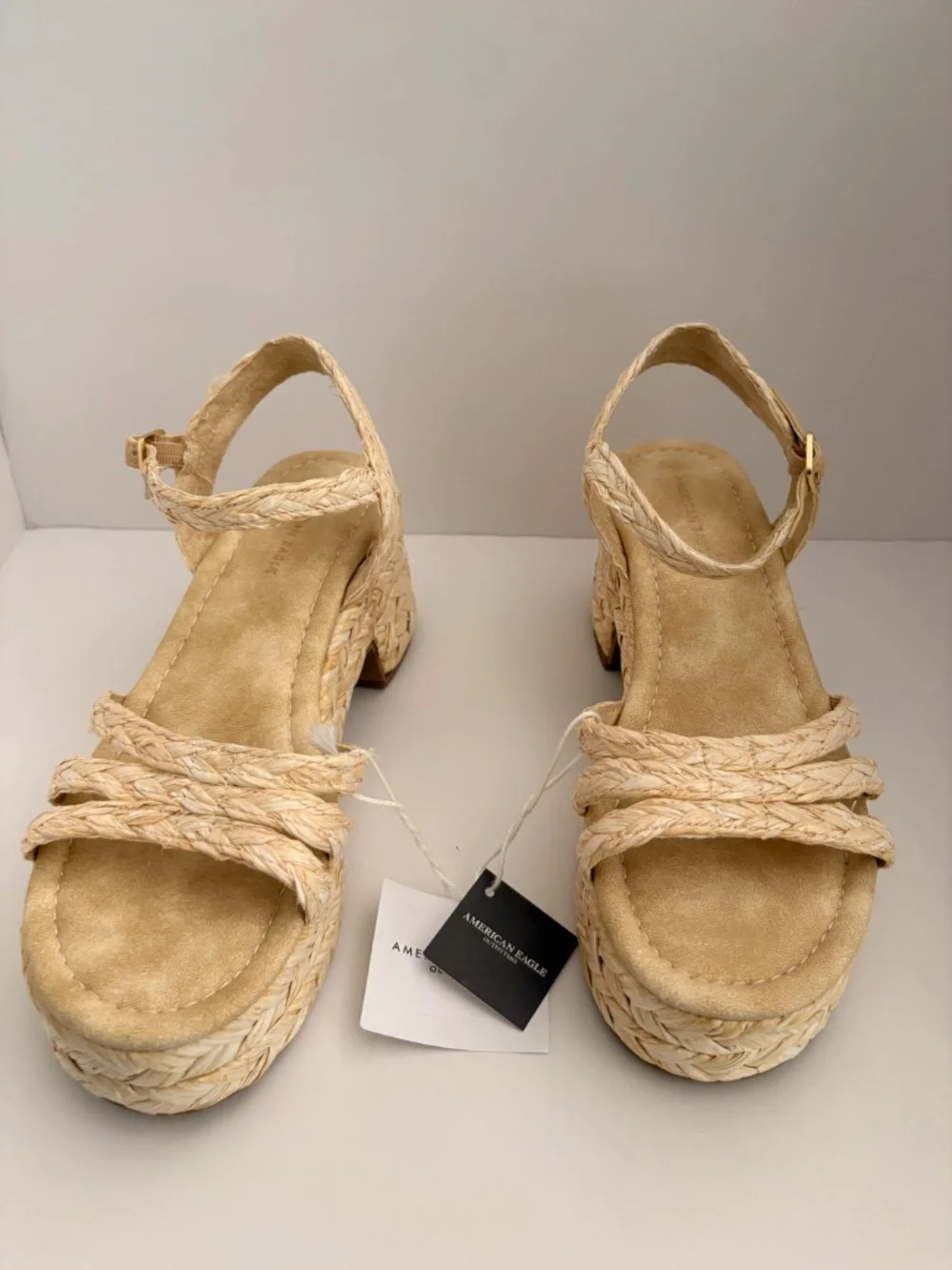 American Eagle Natural Raffia Braided Platform Espadrille Heeled Sandals
